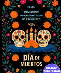Sugar Skulls Día de Muertos Card with Marigolds & Candlelit Tribute On Black BG
