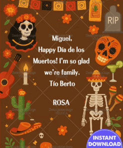 Día de los Muertos Celebration Card with Skeletons, Marigolds & Festive Symbols