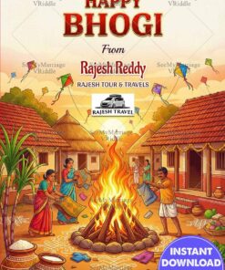 Bhogi Festival Greeting Card with Village Bonfire Celebration, Colorful Kite Flying, Decorated Mud Huts and Harvest Produce