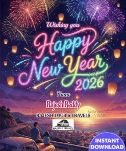Cityscape View New Year Greeting Card with Add Company Logo and Colorful Fireworks