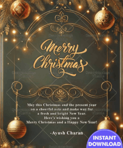 Golden Glow Christmas Greeting Card with Ornaments and Festive Lights
