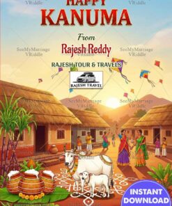 Happy Kanuma Festival Greeting Card with Decorated Cattle, Village Huts, Pots and Sugarcane