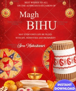 Magh Bihu Greeting Wishes with Traditional Assamese Flavors and Festive Decor
