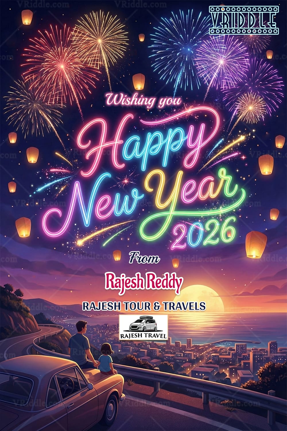 Cityscape View New Year Greeting Card with Add Company Logo and Colorful Fireworks - Image 2