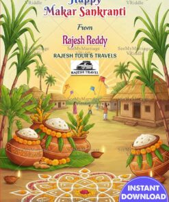 Village Theme Makar Sankranti Greeting Card with Festive Rangoli, Pots and Kite Celebration Illustration