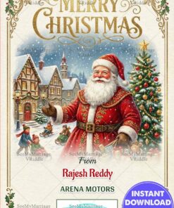 Vintage Santa Christmas Greeting Card – Snowy Village Scene with Santa Claus, Christmas Tree, Children Sledding