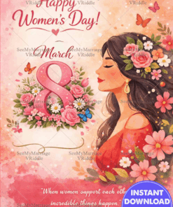 Floral Women’s Day Greeting Card with Feminine Portrait, Blossoming “8 March” Motif and Soft Watercolor Accents